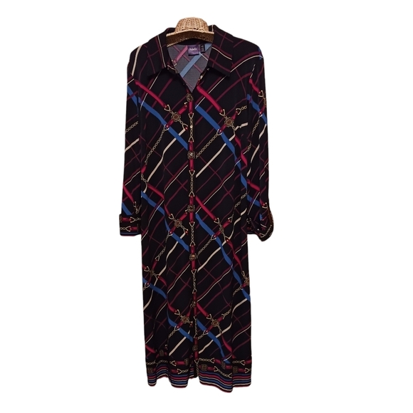 Rafaella Long Sleeved Full Button Down Chain Design Dress Ladies Large Belted - Picture 1 of 5